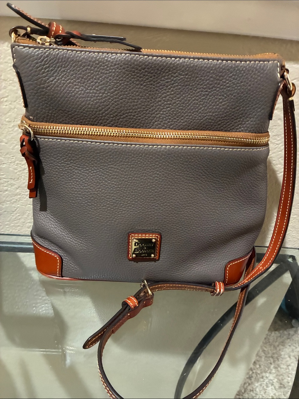 Dooney & Bourke Gray pebble leather Crossbody Bag with Brown Trim
